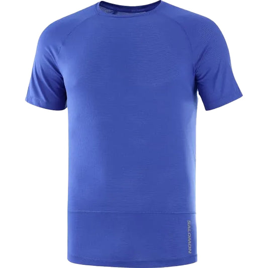 Blue athletic t-shirt with a brand logo on a white background
