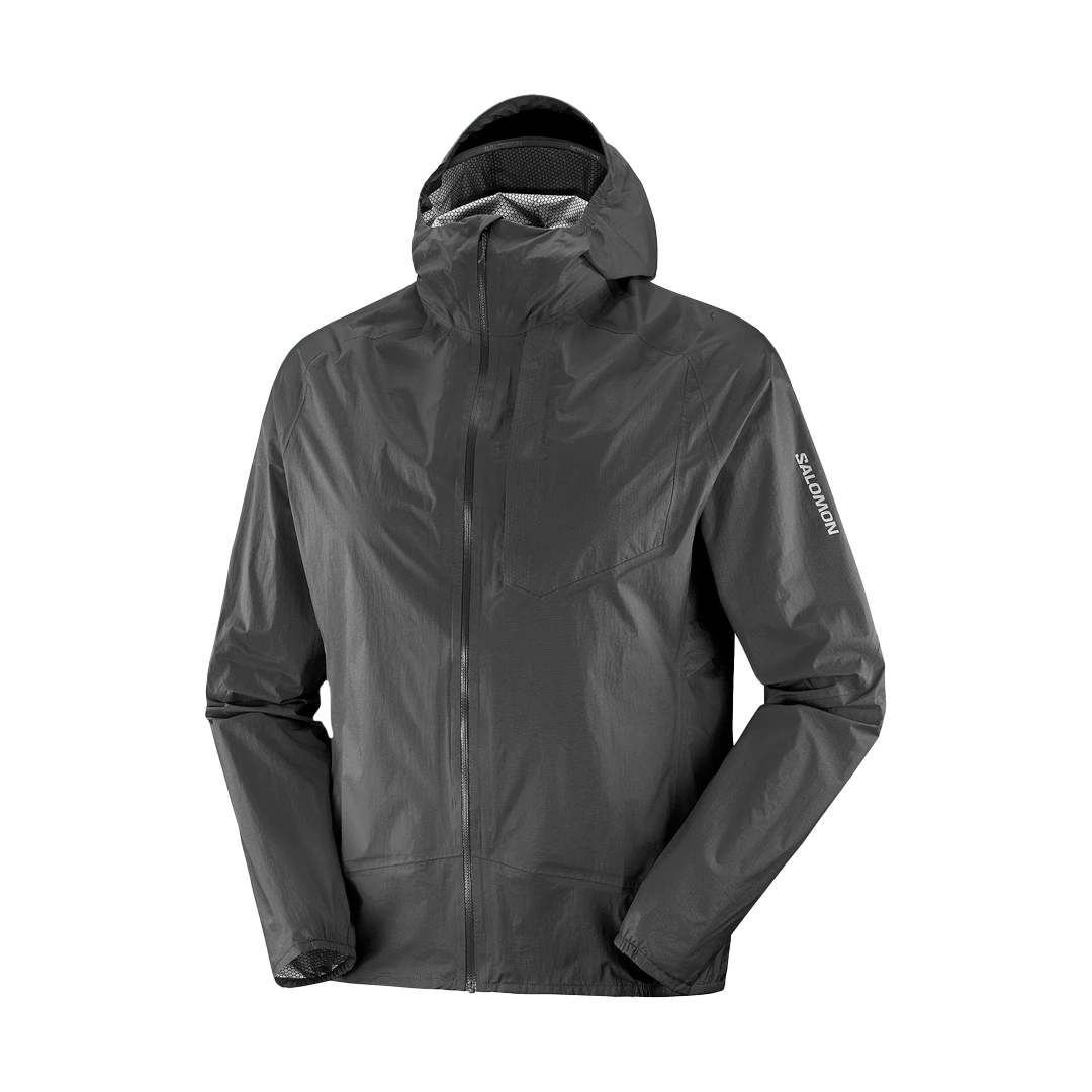 Dark gray rain jacket with brand logo on sleeve against a white background