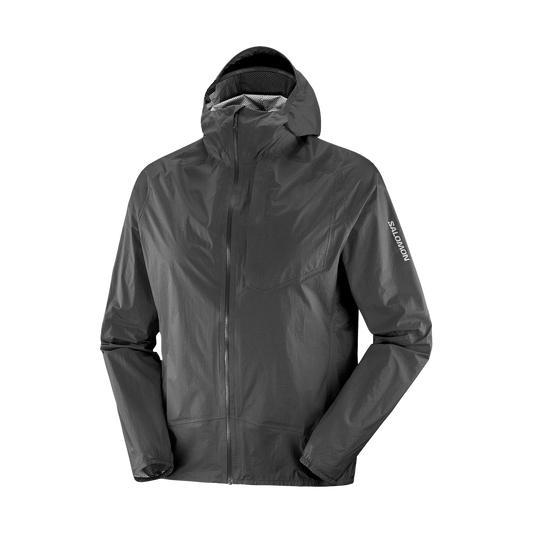Dark gray rain jacket with brand logo on sleeve against a white background