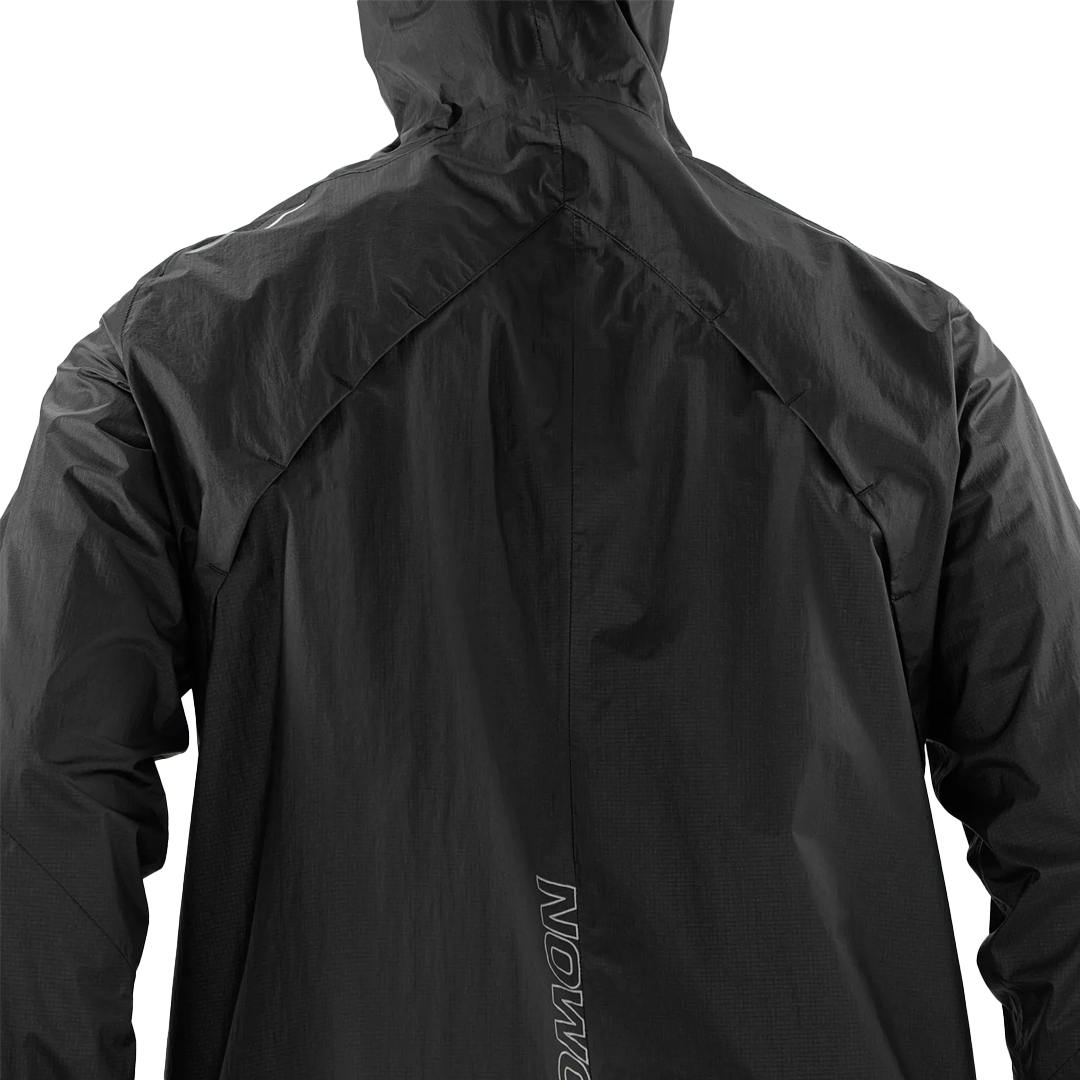 Black raincoat with a brand logo on the back, shown from the side.