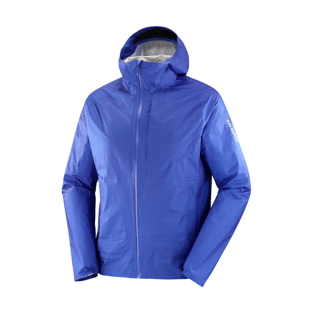 Blue rain jacket with a hood on a white background