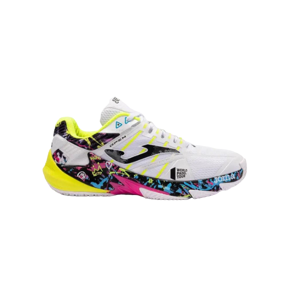 A pair of Joma T.Open WPT unisex padel tennis shoes with a multicolored design, featuring black, pink, yellow, and blue colors and floral patterns.