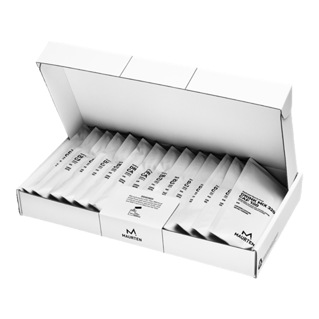Box of white packets with black text on a white background