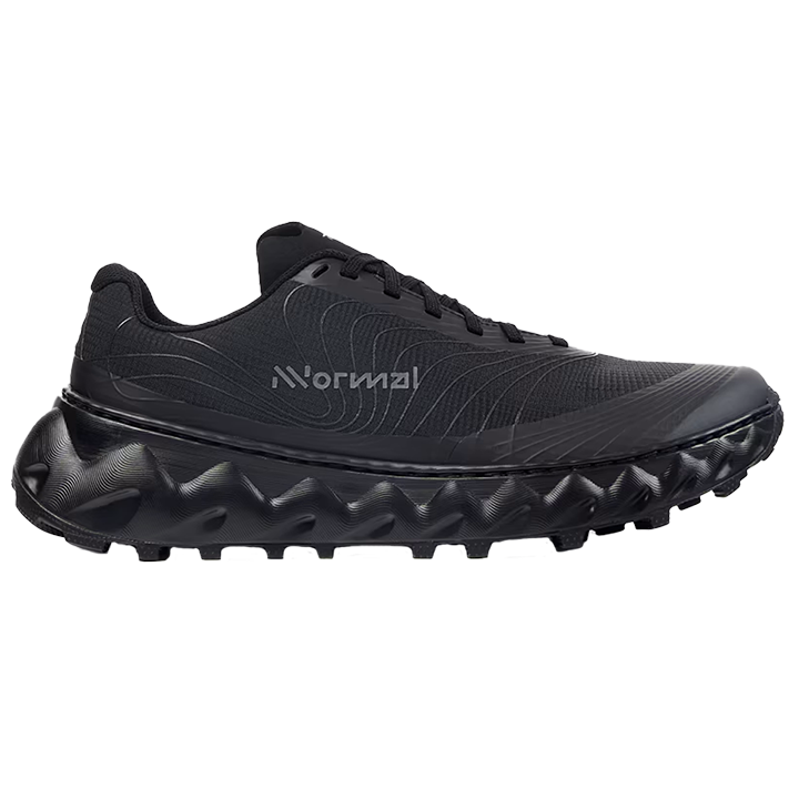 A pair of black NNormal unisex trail running shoes with a distinctive sole design meant for outdoor activities.