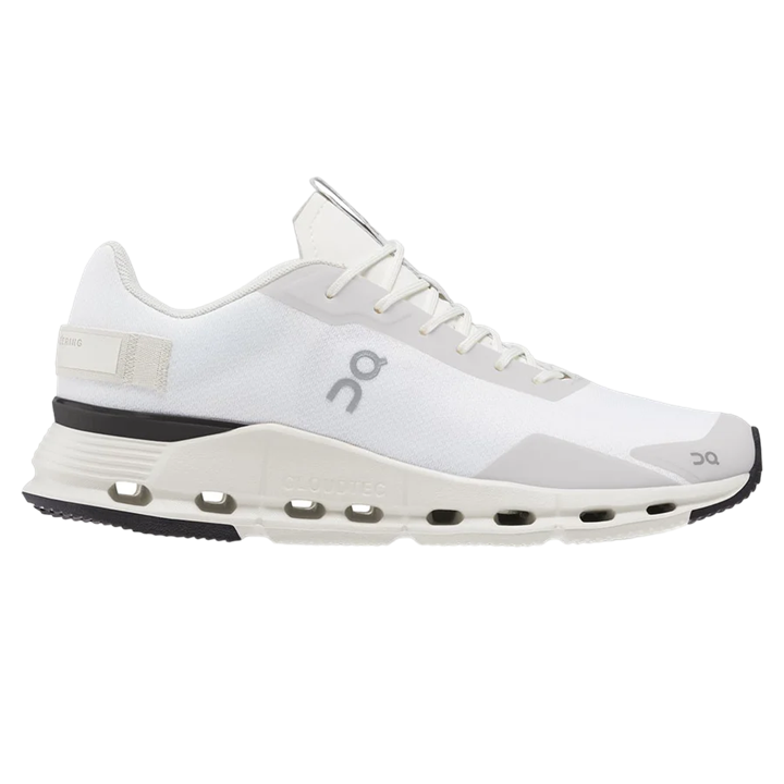 A pair of white On Women's Cloudnova Form sneakers with a low silhouette and performance-focused design.