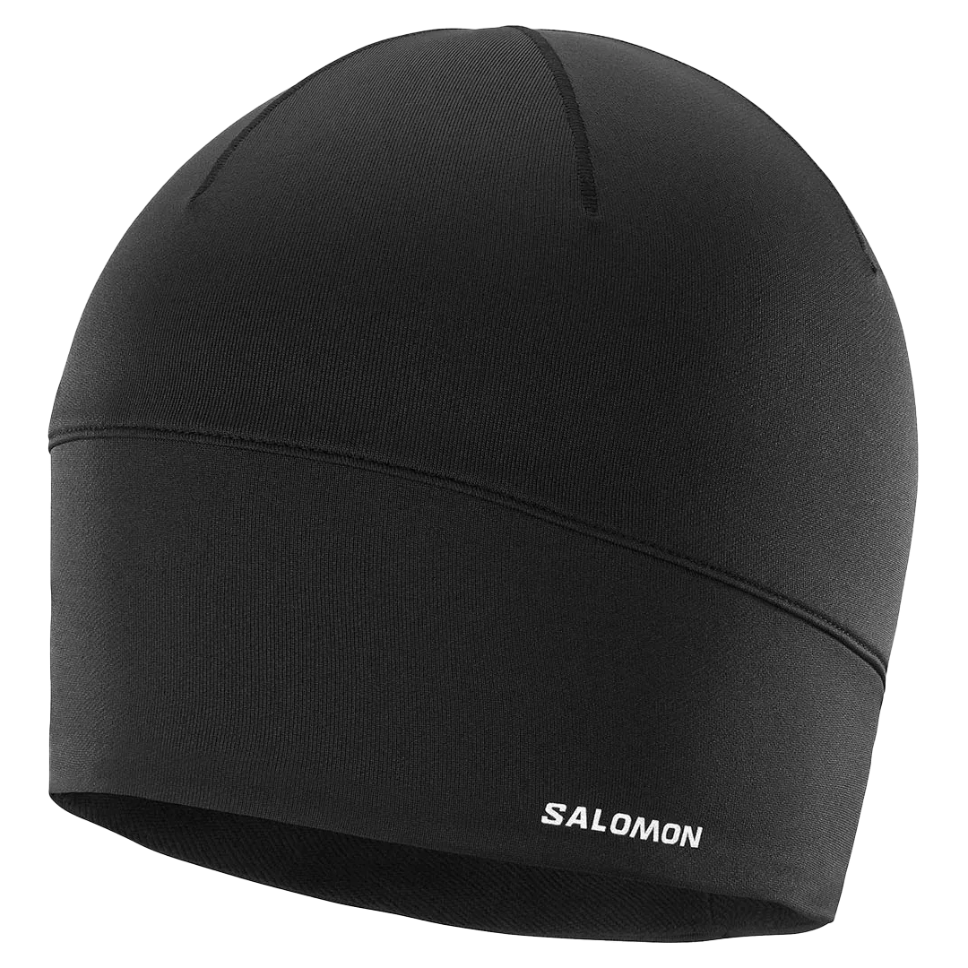 Black beanie with Salomon logo on a white background