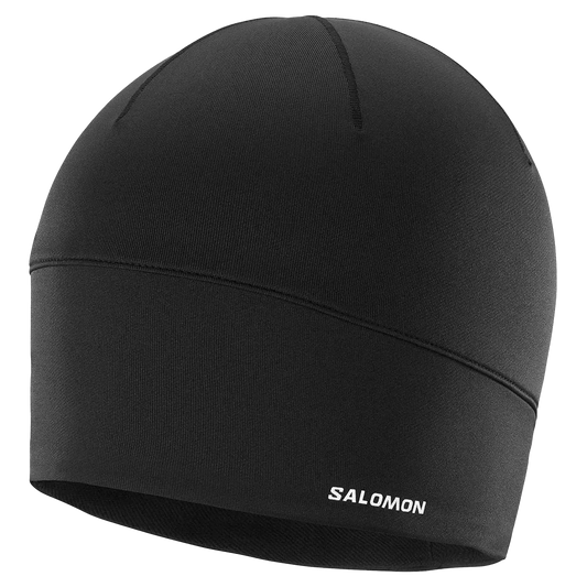 Black beanie with Salomon logo on a white background