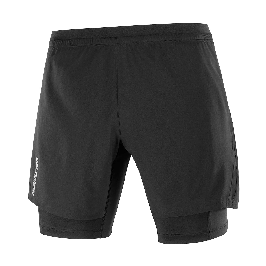 Black athletic shorts with a brand logo on a white background