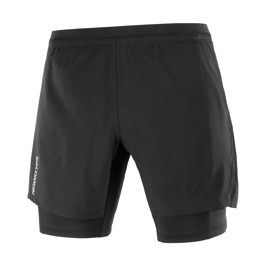 Black athletic shorts with a brand logo on a white background