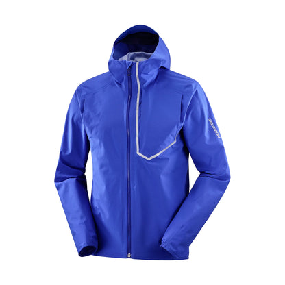 Blue rain jacket with a brand logo on a white background