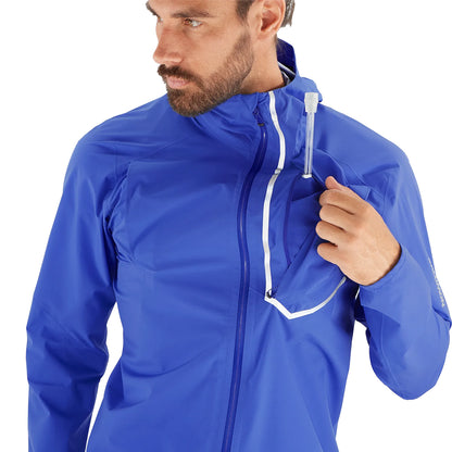 Man wearing a blue rain jacket on a white background