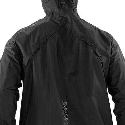 Black raincoat with a brand logo on the back, shown from the side.