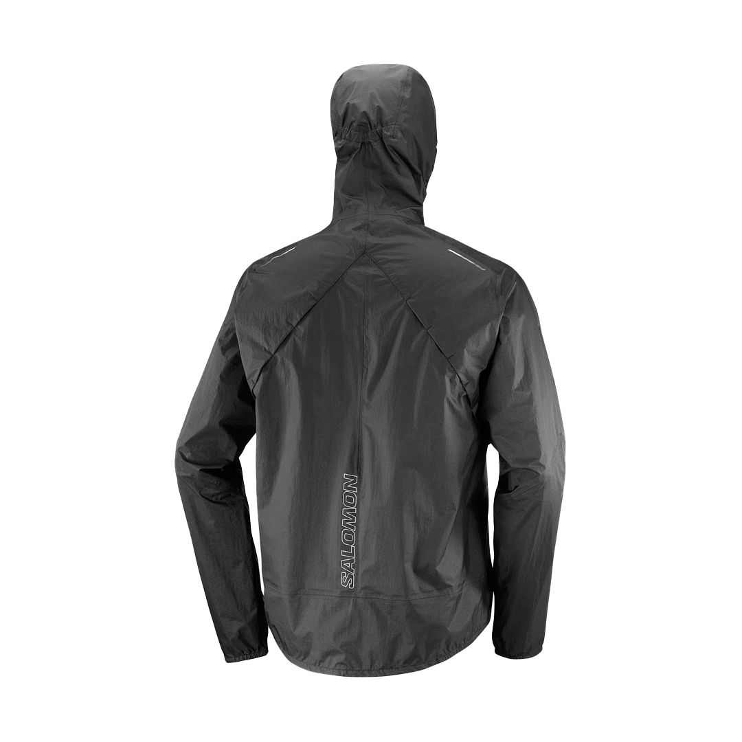 Black rain jacket with a hood on a white background