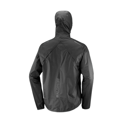 Black rain jacket with a hood on a white background