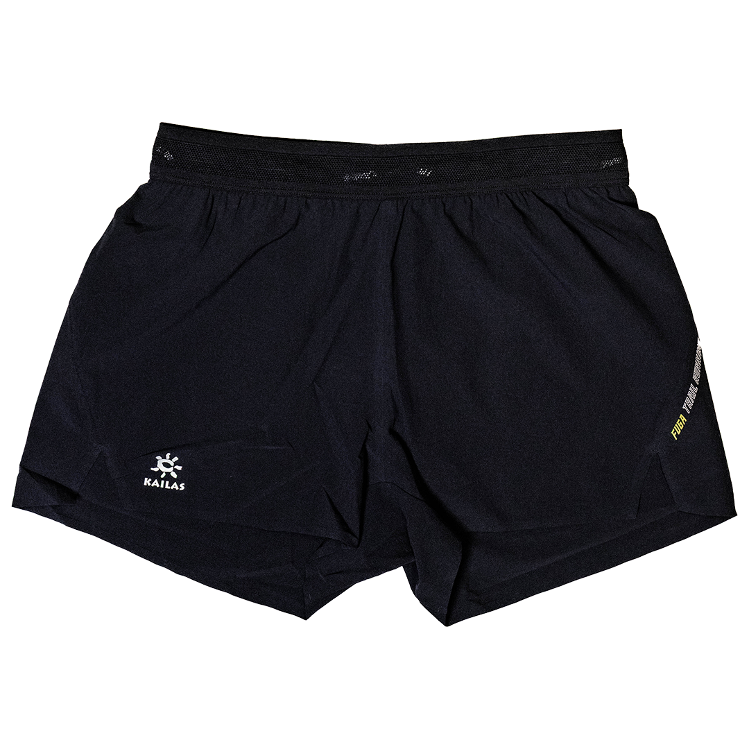 Black athletic shorts with a brand logo on a white background