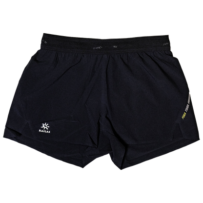 Black athletic shorts with a brand logo on a white background