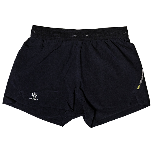 Black athletic shorts with a brand logo on a white background