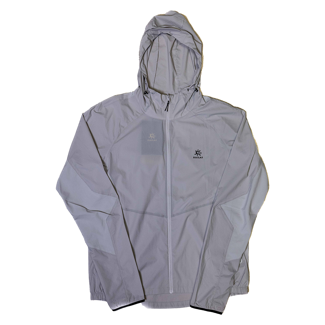 Light gray rain jacket with a brand logo on a white background