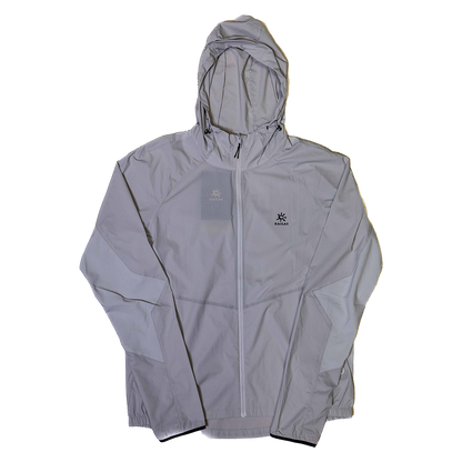 Light gray rain jacket with a brand logo on a white background