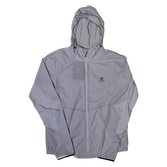 Light gray rain jacket with a brand logo on a white background