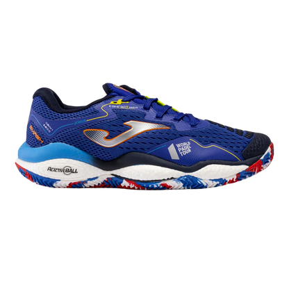 A pair of Joma men's padel shoes with a blue upper, white midsole, and a multicolored rubber sole.