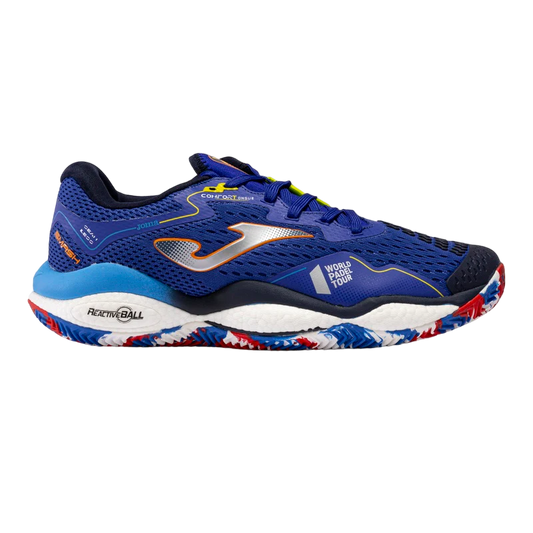 A pair of Joma men's padel shoes with a blue upper, white midsole, and a multicolored rubber sole.