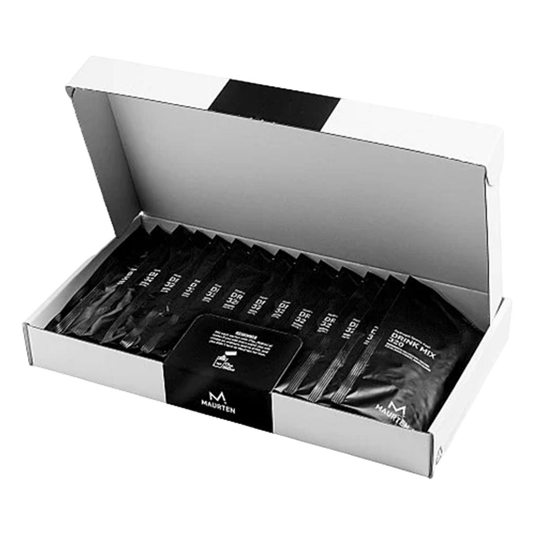 Box of black drink mix packets with a visible brand logo on a white background