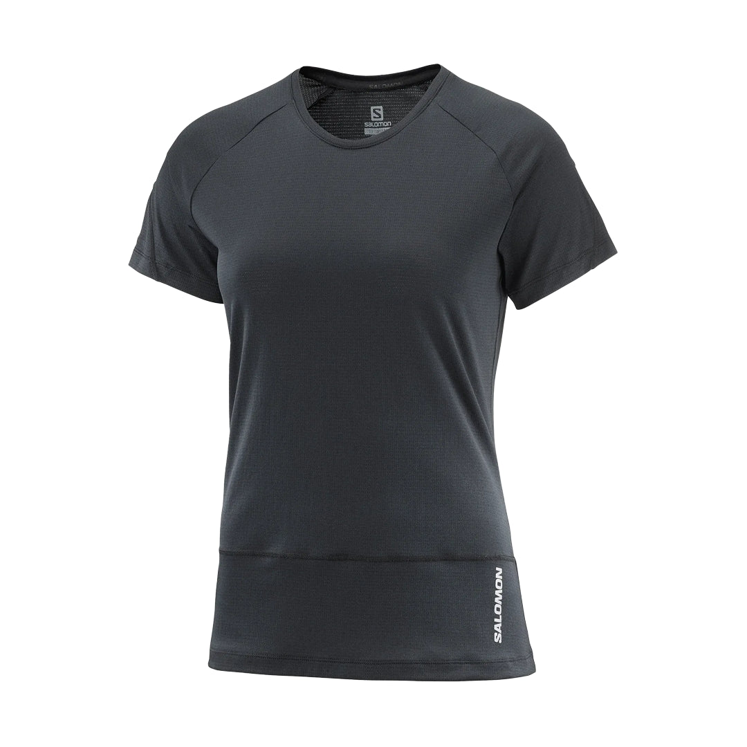 Black athletic t-shirt with brand logo on a white background