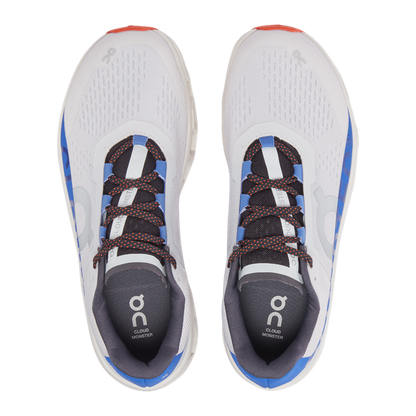 ON Women's Cloudmonster Frost Cobalt running shoe, cushioned for maximum comfort.